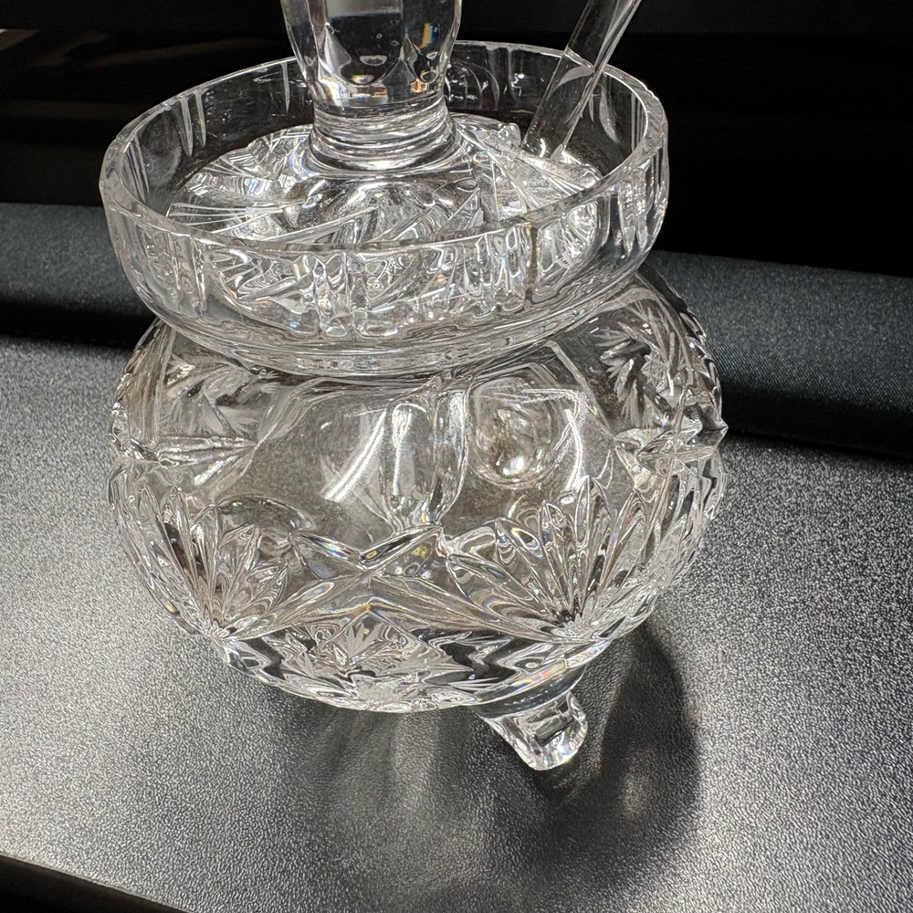 Cut Crystal Jam /Honey Jar with glass dipper and lid